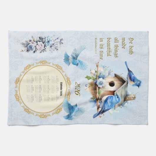 2026 Calendar Towel Bluebirds Birdhouse Ecc 3:11 Theedoek (Horizontaal)