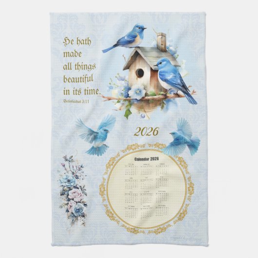 2026 Calendar Towel Bluebirds Birdhouse Ecc 3:11 Theedoek (Verticaal)