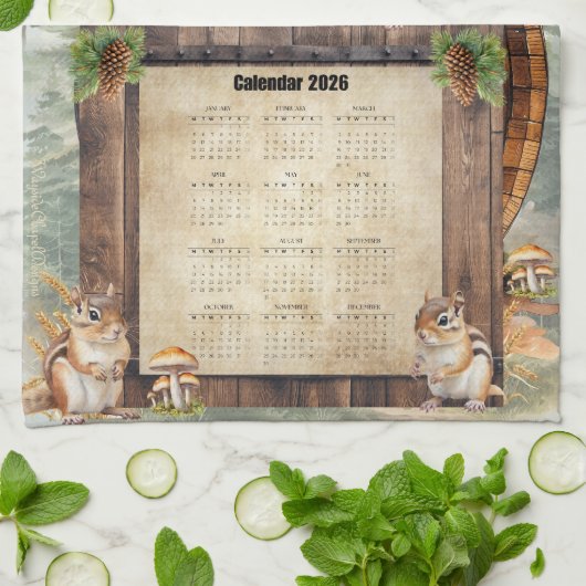 2026 Calendar Towel Cute Chipmunks Theedoek (Gevouwen)