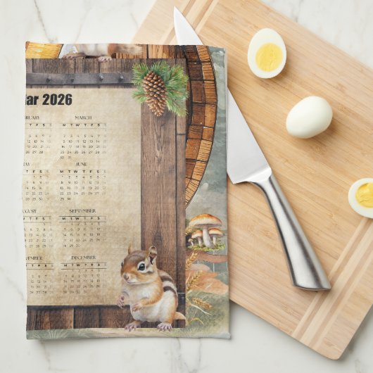 2026 Calendar Towel Cute Chipmunks Theedoek (Quarter Fold)