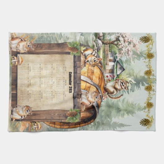 2026 Calendar Towel Cute Chipmunks Theedoek (Horizontaal)