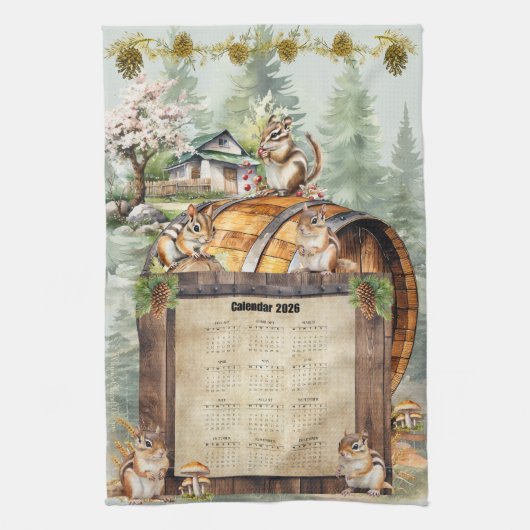 2026 Calendar Towel Cute Chipmunks Theedoek (Verticaal)