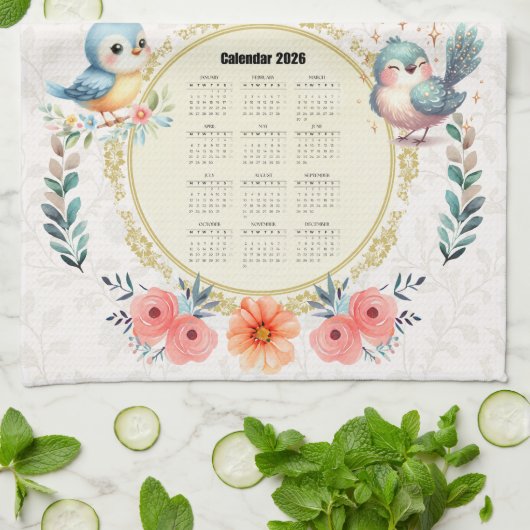 2026 Calendar Towel Cute Folk Floral Birds  Theedoek (Gevouwen)