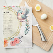 2026 Calendar Towel Cute Folk Floral Birds  Theedoek (Quarter Fold)