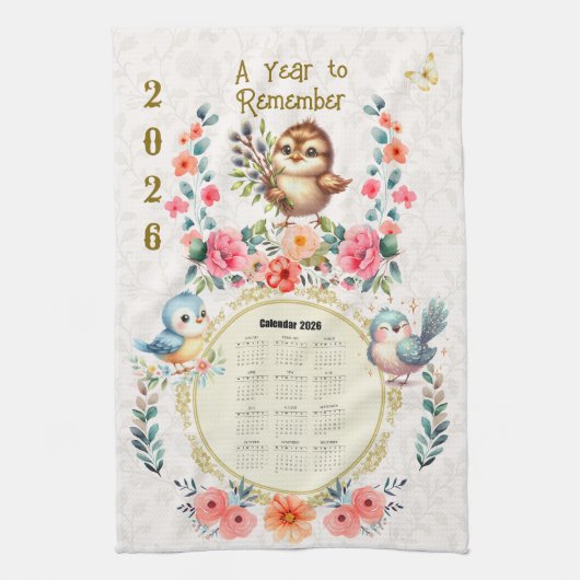 2026 Calendar Towel Cute Folk Floral Birds  Theedoek (Verticaal)