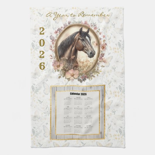 2026 Calendar Towel  Floral Horse and Butterfly Theedoek (Verticaal)