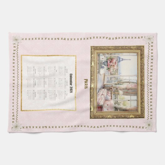 2026 Calendar Towel Paris View Custom Message Theedoek (Horizontaal)