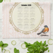 2026 Calendar Towel Robin Bird Peach Damask Theedoek (Gevouwen)