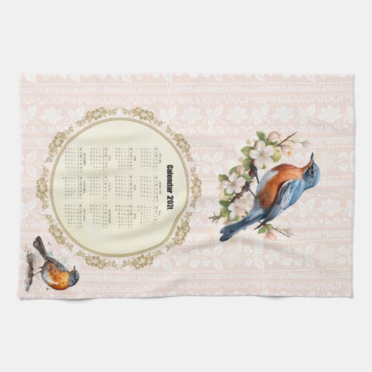 2026 Calendar Towel Robin Bird Peach Damask Theedoek (Horizontaal)