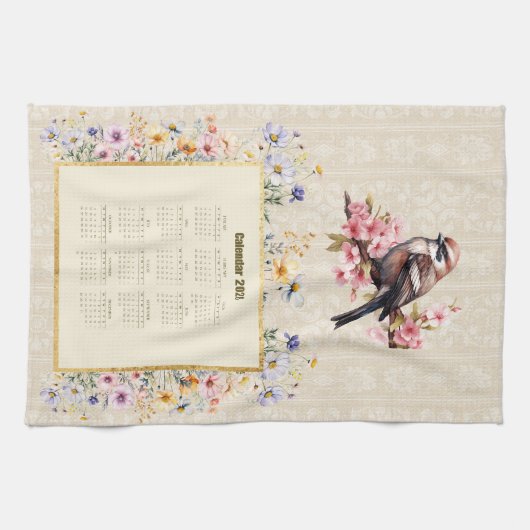 2026 Calendar Towel Sparrow with Wildflowers Theedoek (Horizontaal)