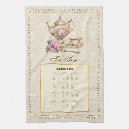 2026 Calendar Towel Tea Time or Custom Message Theedoek (Verticaal)