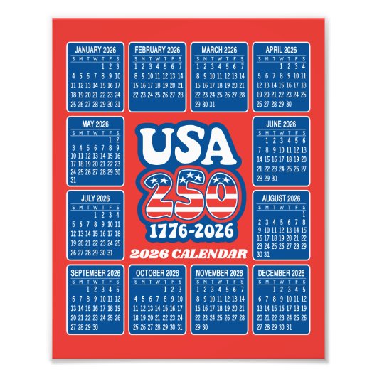 2026 Calendar - USA 250 Red White Blue Foto Afdruk (Voorkant)