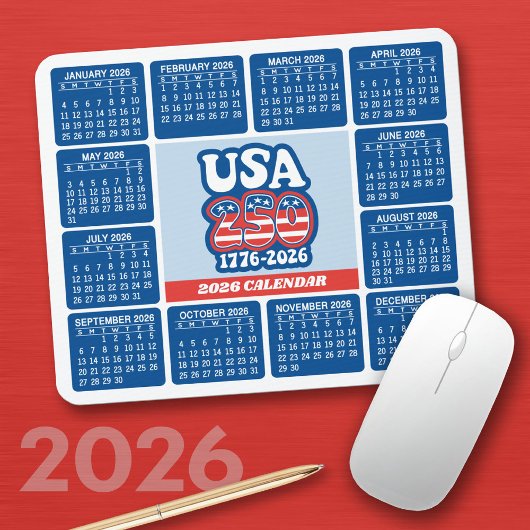 2026 Calendar - USA 250 Red White Blue Muismat