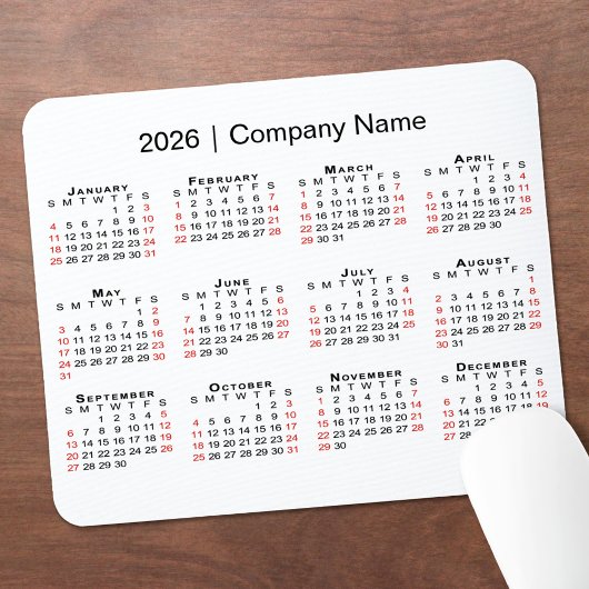 2026 Calendar with Company Name on White Muismat