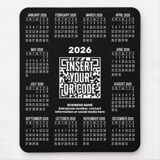 2026 Calendar with QR Code Contact Info Black Muismat (Voorkant)