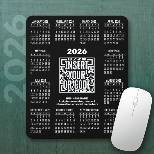 2026 Calendar with QR Code Contact Info Black Muismat