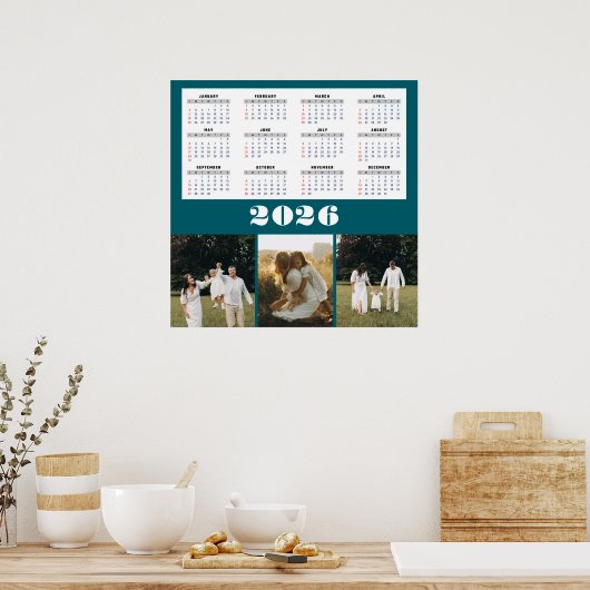2026 Calendar with Teal Background  Poster (Keuken)