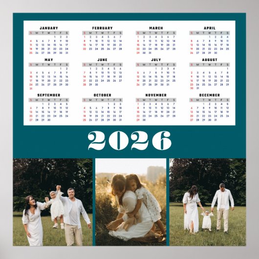 2026 Calendar with Teal Background Poster (Voorkant)
