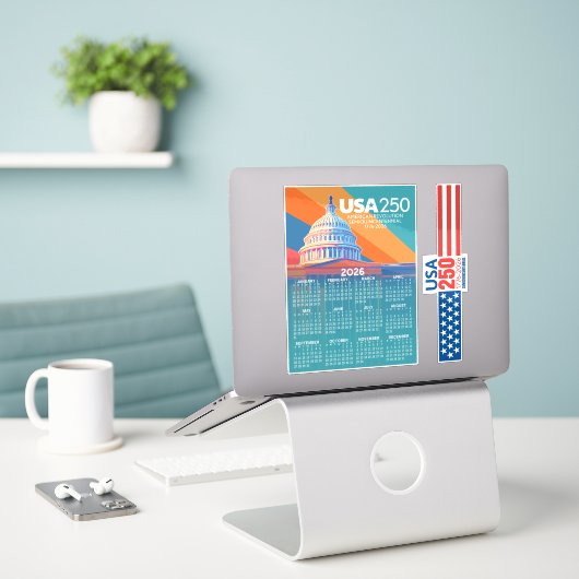 2026 Calendar with USA 250 Capital Dome America Sticker (Laptop op bureau)