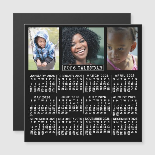 2026 Calendar Year Black | 3 Custom Photo Collage Magnetische Uitnodiging (Voorkant / Achterkant)