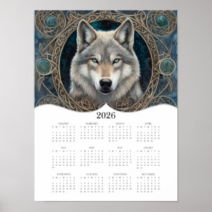 2026 Celtic Wolf Fantasy Art Volledige jaarkalende Poster