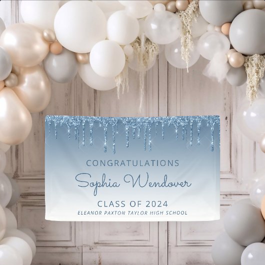 2026 Chic Blauwe Glitter Drip Afstuderen Spandoek
