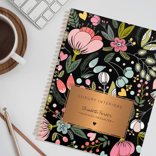 2026 Chic floral roze zwart goud bedrijf Planner
