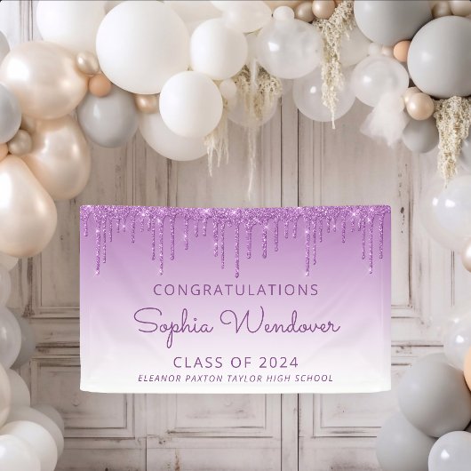 2026 Chic Paarse Glitter Drip Afstuderen Spandoek