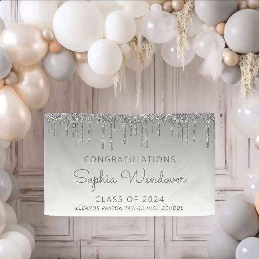 2026 Chic Zilveren Glitter Drip Afstuderen Spandoek