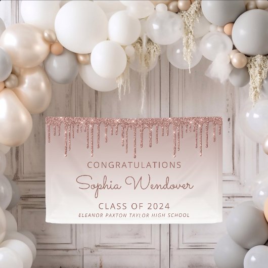 2026 Chique Roze Goud Glitter Drip Afstuderen Spandoek
