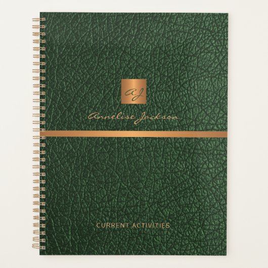 2026 Classy elegant groen leer goud monogrammed Planner (Voorkant)