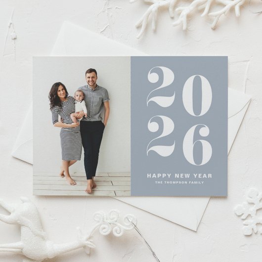 2026 Dusty Blue Bold Typography New Year Photo Feestdagenkaart