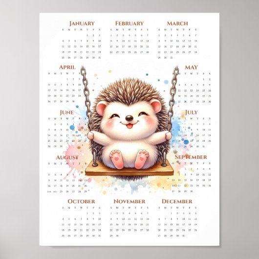 2026 Eén-pagina kalender Cute egel op schommel Poster (Voorkant)