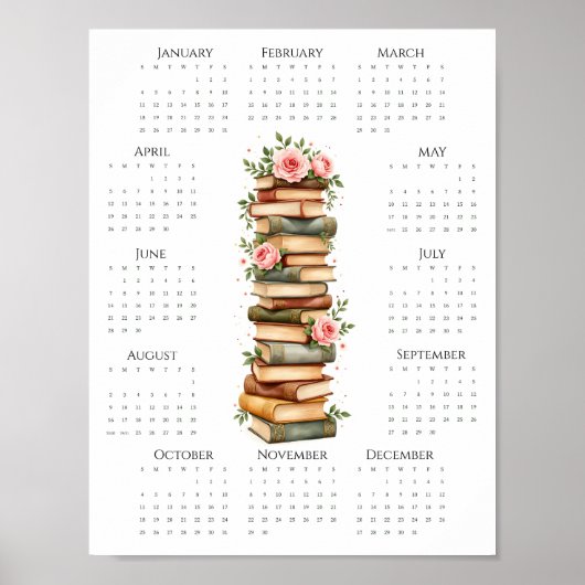 2026 Een-pagina Kalender Oude Boeken & Roze Rozen Poster (Voorkant)