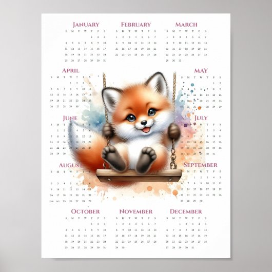 2026 Een-pagina Kalender Whimsical Fox op Schommel Poster (Voorkant)