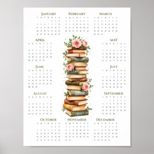 2026 Eenpagina-kalender Oude Boeken en Rozen Poster