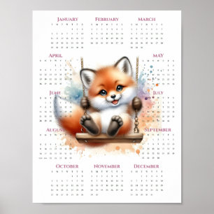 2026 Eenpaginakalender Whimsical Vos op Schommel Poster