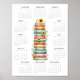 2026 Eenpaginaklender Gestapelde Boeken en Zonnebl Poster