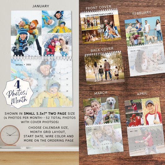 2026 Eenvoudige Aangepaste Fotocollage 4 per maand Kalender