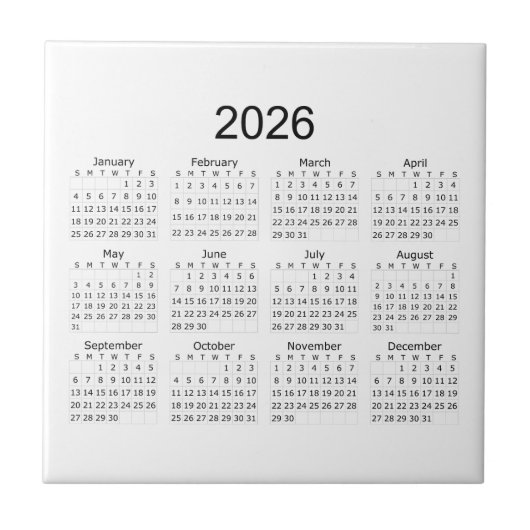 2026 Eenvoudige Minimalistische Kalender Tegeltje (Voorkant)