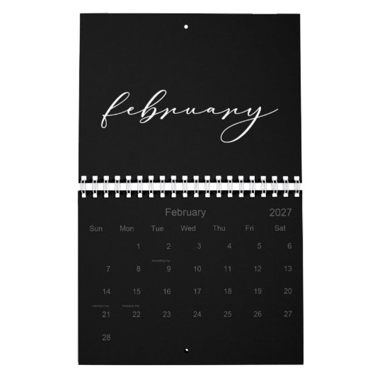 2026 Eenvoudige zwarte aangepaste minimalist Kalender (Feb 2027)