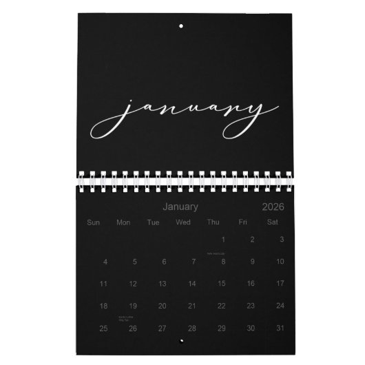 2026 Eenvoudige zwarte aangepaste minimalist Kalender (Jan 2026)
