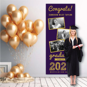 2026 Elegante Gouden Schets 3 Foto Afstudeerfeest Spandoek