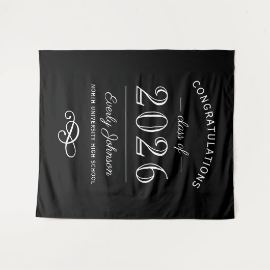 2026 Elegante Zwart en Wit Aangepaste Afstuderen Wandkleed (Voorkant (horizontaal))