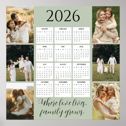 2026 Family Calendar with Space for 6 Portraits Poster (Voorkant)