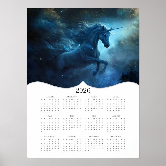 2026 Fantasy Blauwe Eenhoorn Voljaar Muur Kalender Poster (Voorkant)