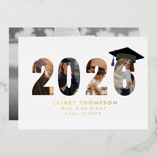 2026 Folie Typografie 4 Afbeelding Afstuderen Uitnodiging (Voorkant / Achterkant)