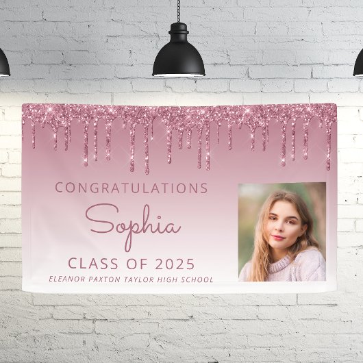 2026 Foto Burgundy Glitter Drip Afstuderen Spandoek