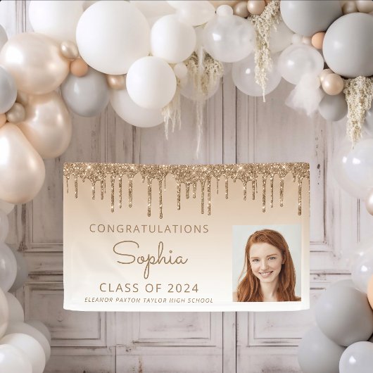 2026 Foto Gouden Glitter Drip Afstuderen Spandoek