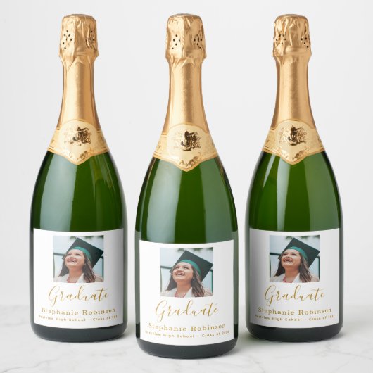 2026 Foto Moderne Afstudeerfeest Gouden Script Sparkling Wijnetiket (Flessen)